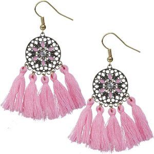 Pink Tassel Fringe Drop Earrings